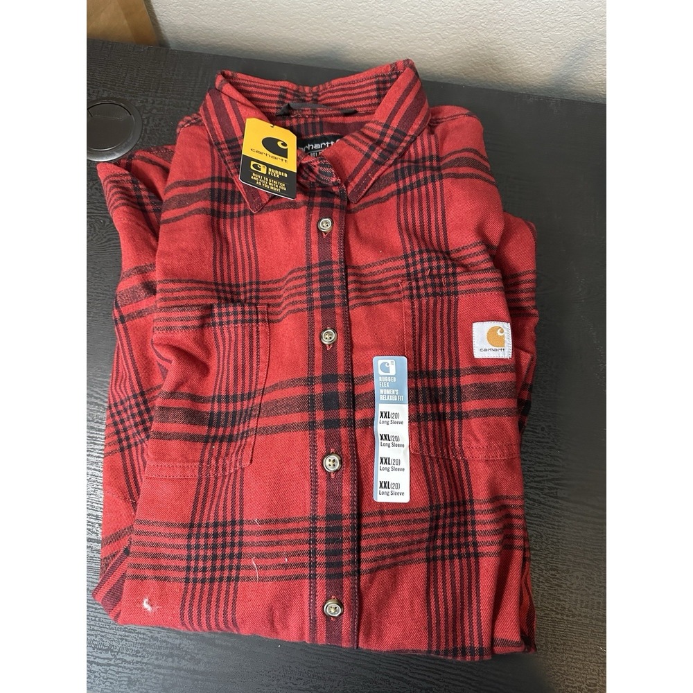Carhartt Womens XXL 20 Rugged Flex Red Black Plaid Flannel Tunic Long Sleeve